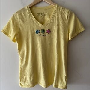 Life Is Good Yellow Spring Flowers V Neck Short Sleeve Shirt